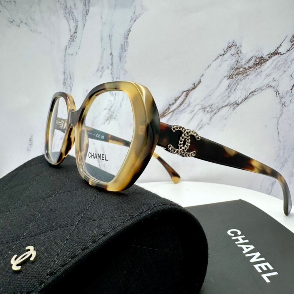 New CHANEL Eyeglasses Brown Gold Chain CC Square Acetate Womens - Picture 16 of 16